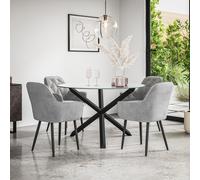 Malvern Round Dining Table And Chairs - Clear Glass Table Top w Solid Oak Black Legs + Anika Velvet Dining Chair Set Of 4 More4Homes Grey One Size