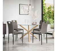 Malvern Round Dining Table And Chairs - Clear Glass Table Top w Solid Oak Legs + Monza Faux Leather Dining Chair Set Of 4 More4Homes Grey One Size