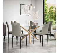 More4Homes Malvern Round Dining Table And Chairs - Clear Glass Table Top W Solid Oak Legs + Monza Fabric Dining Chair Set Of 6 (Grey)
