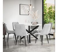 (Grey) Malvern Round Marble Effect Dining Table Set Black Oak Leg 4-6 Nova Velvet Chair