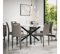 (Grey) Malvern Round Marble Effect Dining Table Set w Black Oak Legs 4-6 Monza Chair
