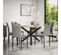 (Grey) Malvern Round Oak Effect Dining Table Set w Black Oak Legs 4-6 Monza Linen Chair