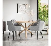 (Grey) Malvern Round Oak Effect Dining Table Set w Oak Legs w 4 Anika Velvet Chairs