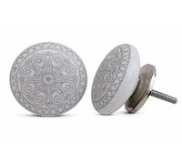 Grey Mandala Ceramic Cabinet Knobs - Decorative Drawer Pulls for Kitchen Cabinets, Dresser, Wardrobe & Cupboard - Round Vintage Furniture Knobs with Metal Screw, Modern Home Hardware (Pack of 12)