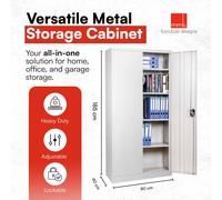 Metal Storage Cabinet Cupboard Grey 2 Door Locking Office Filing Garage 180cm