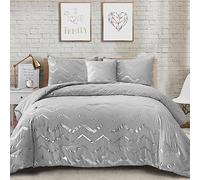 Grey Metallic Silver Duvet Cover with 2 Pillowcase Geometric Striped Bedding Set,Soft Microfiber,Double Size 200x200 cm