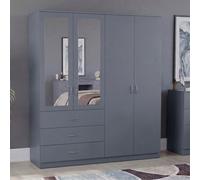 (Grey) Modern 4 Door 3 Drawer Mirrored Wardrobe, Riano - Bedroom Storage Closet with Hanging Rail & Drawers