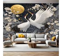 Grey Murals Photo Wallpaper Moon Plum Blossom Red-Crowned Crane Non-Woven Premium Art Print Fleece Wall Mural Poster Picture Design Modern Boy Girl Bedroom Home Decor 350 x 256cm