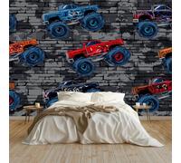 Grey Non-Woven Wallpaper - Wall Mural Brick Wall Background Toy Truck 200 x 140 cm Photo Wallpaper, Modern Poster Design Art Mural for Living Room Kids' Bedroom