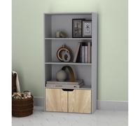 (Grey, Oak) 4 Tier Wooden Bookcase with Doors Shelving Cabinet