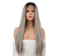 Grey Ombre Dark Roots Long Natural Wave Synthetic Lace Front Wig 26 inch