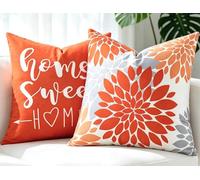 Grey Orange Cushion Covers 45 x 45, 2 Pack Modern Dahlia Floral Decorative Throw Pillow Covers, Luxury Soft Cozy Short Plush Cushions Cover, Square Boho Pillowcase for Lounge Office Café Car Sofa