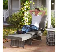 (Grey) Outsunny Foldable Rattan Garden Recliner Chair w/ Cushion, Footrest
