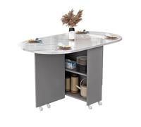 Grey Oval Drop Leaf Kitchen Table with Wheels Collapsible Dining Table Versatile Extendable Design Three Shapes Large Storage Space 140x70x77cm