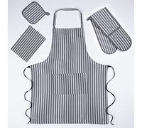 Grey Oven Gloves Set for Kitchen Baking and Cooking, Professional Heavy Duty Butchers Stripe Double Oven Gloves for Pot Pan Tray, Grey Heat Resistant Oven Gloves Set