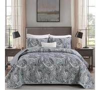 Grey Paisley Quilt Set California King Size - Boho Bedspread Coverlet Set 3 Pieces, Soft Lightweight Microfiber Dark Gray Paisley Floral Pattern Bedding for All Season, 112"x96"