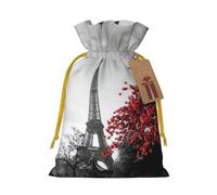 Grey Paris Eiffel Tower Cityscape Red Flower Drawstring Gift Bags Small Item Treats Wrapping Storage Bags Christmas Birthday Party Holiday