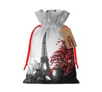 Grey Paris Eiffel Tower Cityscape Red Flower Drawstring Gift Bags Small Item Treats Wrapping Storage Bags Christmas Birthday Party Holiday