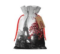 Grey Paris Eiffel Tower Cityscape Red Flower Hemp Bundle Gift Bag,Christmas Bags Holiday Wrapping Bag For Christmas Party