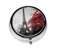 Grey Paris Eiffel Tower Cityscape Red Flower Print Stylish Round Pill Box - Mini Travel Companion for Your Medication