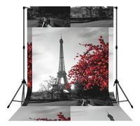 Grey Paris Eiffel Tower Cityscape Red Flower Printed Photo Background, Seamless Matte Fabric for Shoots, Professional Studio Wall Banner