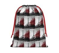 Grey Paris Eiffel Tower Cityscape Red Flower Printing Drawstring Gift Bag With Red Ribbon Soft Stylish For Christmas Halloween Fits Card Candies