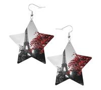 Grey Paris Eiffel Tower Cityscape Red Flower Star Shape Earrings, Modern Dangle Earrings, Women's Statement Jewelry for Office Daily