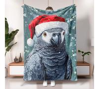 Grey Parrot Holiday Blanket, Red Christmas Santa Hat Decor Throw Blanket, Soft Plush Fleece for Winter, Home, Couch, Travel, All Season 60x80 Inch