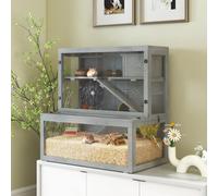(Grey) PawHut 3 Tier Wooden Hamster Cage with Hut, Wheel, Ramps
