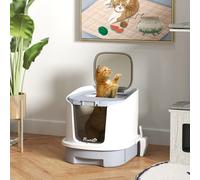 (Grey) PawHut Cat Litter Box, Hooded Cat Litter Tray with Lid, Scoop