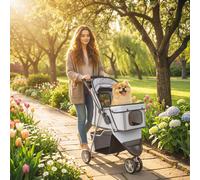 (Grey) PawHut Pet Stroller Pushchair Carrier for Cat Puppy with 3 Wheels