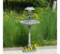 Grey Pedestal Bird Bath Feeder Planter With Solar Light Garden Table