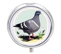 Grey Pigeon Print Pill Box 3 Compartment Waterproof Pill Case with Mirror Round Container Metal Medicine Box Organizer Portable Vitamin Case for Pocket & Purse Travel
