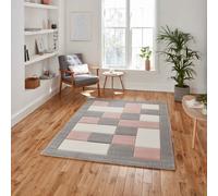 (Grey / Pink, 80 x 150 cm) Think Rugs Brooklyn BRK04 Box Checkers Geometric Rugs Multi Colour Small XL Extra Large Living room Bedroom Rug Carpet Mat Hallway Runner