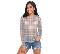 Grey Plaid Checkered Tartan Pattern Womens See Through Top Sheer Blouse O Neck Sheer Blouse Tee Shirt, Grey Plaid Checkered Tartan Pattern, M