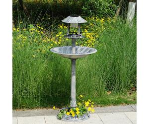 Grey Plastic Pedestal Bird Bath Garden Feeder Flower Planter With Solar Light