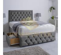 (Grey Plush, Double 4ft6"(without Drawer)) LUXURY DIVAN BED 26"HEADBOARD STORAGE DRAWER With MATTRESS