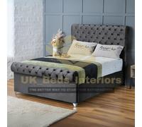 (Grey Plush, Single 3ft) Upholstered Velvet Sleigh Double Bed Frame with Mattress Included 3ft,4ft6,5ft,6ft Hand Made UK
