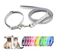 Grey Puppy Collar And Lead Sets, XXS Dog Collar Lead Set Reflective Pawprint Adjustable Kitten Collar With Bell For Tiny Little XXS XS Extra Small Breed Pets Dogs Cats Girls Boys