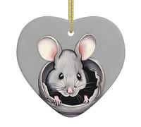 Grey Rat Ceramic Christmas Heart Pendant, The Pottery Piece is Available with Silk Thread