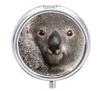 Grey Real Koala Bear Head Iron Pill Box Case Organizer with Internal Separate Plastic Dividers, Travel Small Medicine Bag Holder Carrier Round Container