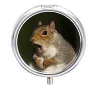 Grey Real Squirrel Yawning On Dark Iron Pill Box Case Organizer with Internal Separate Plastic Dividers, Travel Small Medicine Bag Holder Carrier Round Container