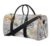 Grey Rose Butterfly Paris Tower Foldable Travel Duffle Bag Waterproof Sports Gym Bag with Shoulder Straps