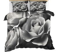 Grey Rose Duvet Cover Single Size, Roses Comforter Cover Flowers Bedding Set 3 Piece with 2 Pillow Sham with Zipper Closure 135 x 200cm