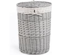 Grey Round Laundry Wicker Basket Cotton Lining With Lid Bathroom Storage