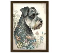 Grey Schnauzer Dog and Spring Flowers Boho Portrait Watercolour Illustration Artwork Framed Wall Art Print A4 Artery8 Brown One Size