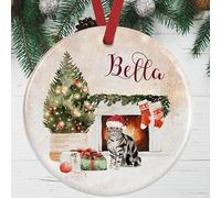 Grey Silver Tabby Cat Christmas Ornament - Personalised Ceramic Bauble with Name & Message - Pet Memorial Keepsake - Festive Tree Decoration for Cat Lovers - UK Made & Gift Boxed