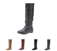 Grey Slouchy Flat Knee High Boots for Women Low Heel,Faux Leather Pull on Under Knee Length Soft Slouch Boots Tall Fall Booties Ladies Classic Footwear Gift UK 7
