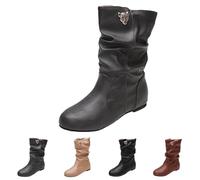 Grey Slouchy Mid Calf Boots for Women No Heels PU Leather Pull-On Flat Low Heel Comfy Casual Pixie Soft Slouch Calf Length Boots Round Toe Under Knee High Shoes for Fall/Winter Footwear UK 5