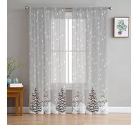 Grey Snowman Christmas Sheer Curtains 84 Inches Length 2 Panels Set, Xmas Tree Bedroom Curtain Drapes, Winter Snowflake Semi Curtain Sheers for Living Room/Cafe, Rod Pocket Voile Window Treatment
